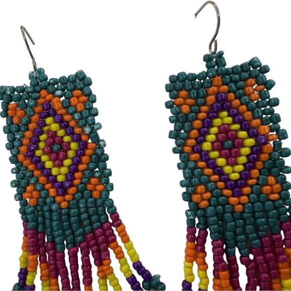 Native American Beaded Dangle Earrings 3" Southwestern Bohemian Artesian - Picture 5 of 8